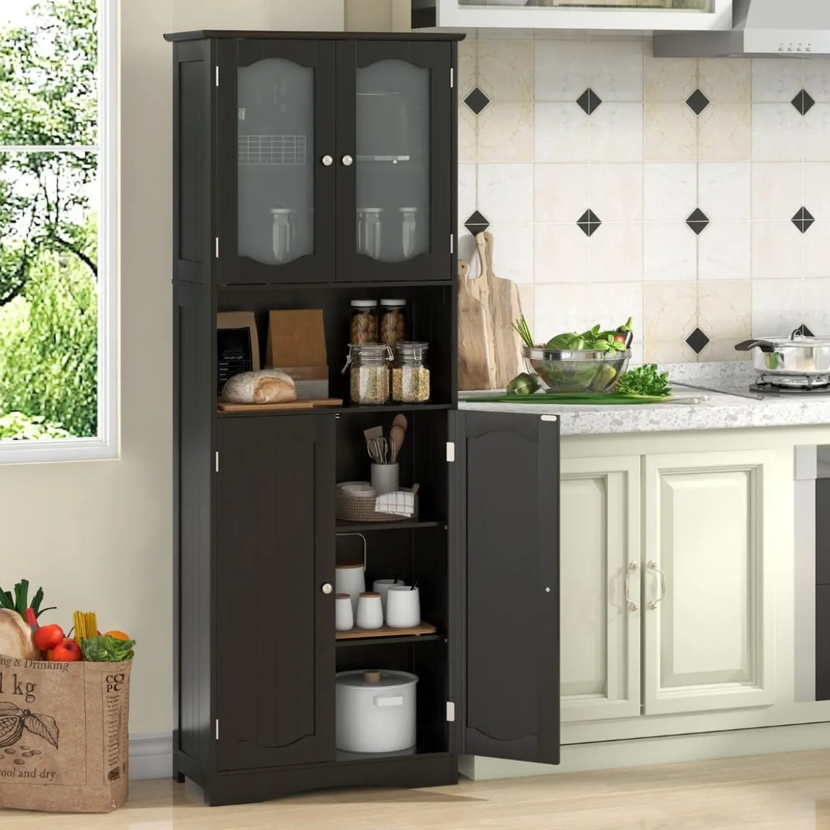 Badezimmerschrank freistehender Hochschrank mit 4 Türen Badschrank mit Kippschutz Schwarz 164 cm