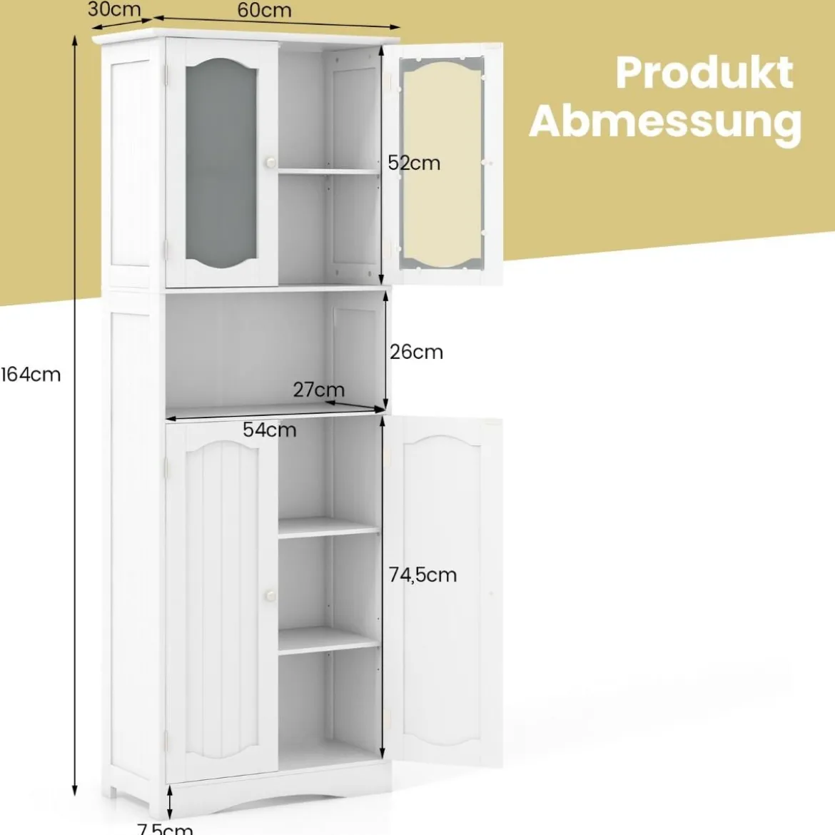Badezimmerschrank freistehender Hochschrank mit 4 Türen & offenem Fach Weiß 60 x 30 x 164 cm