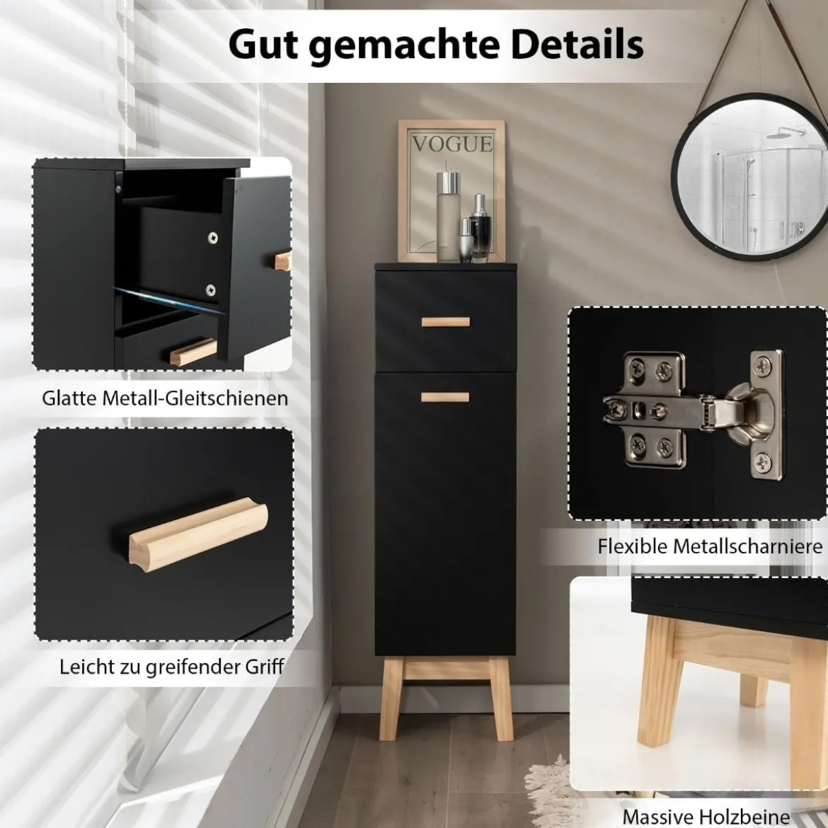 Badezimmerschrank Freistehender Holzschrank mit 1 Schublade 30 x 30 x 102 cm Schwarz