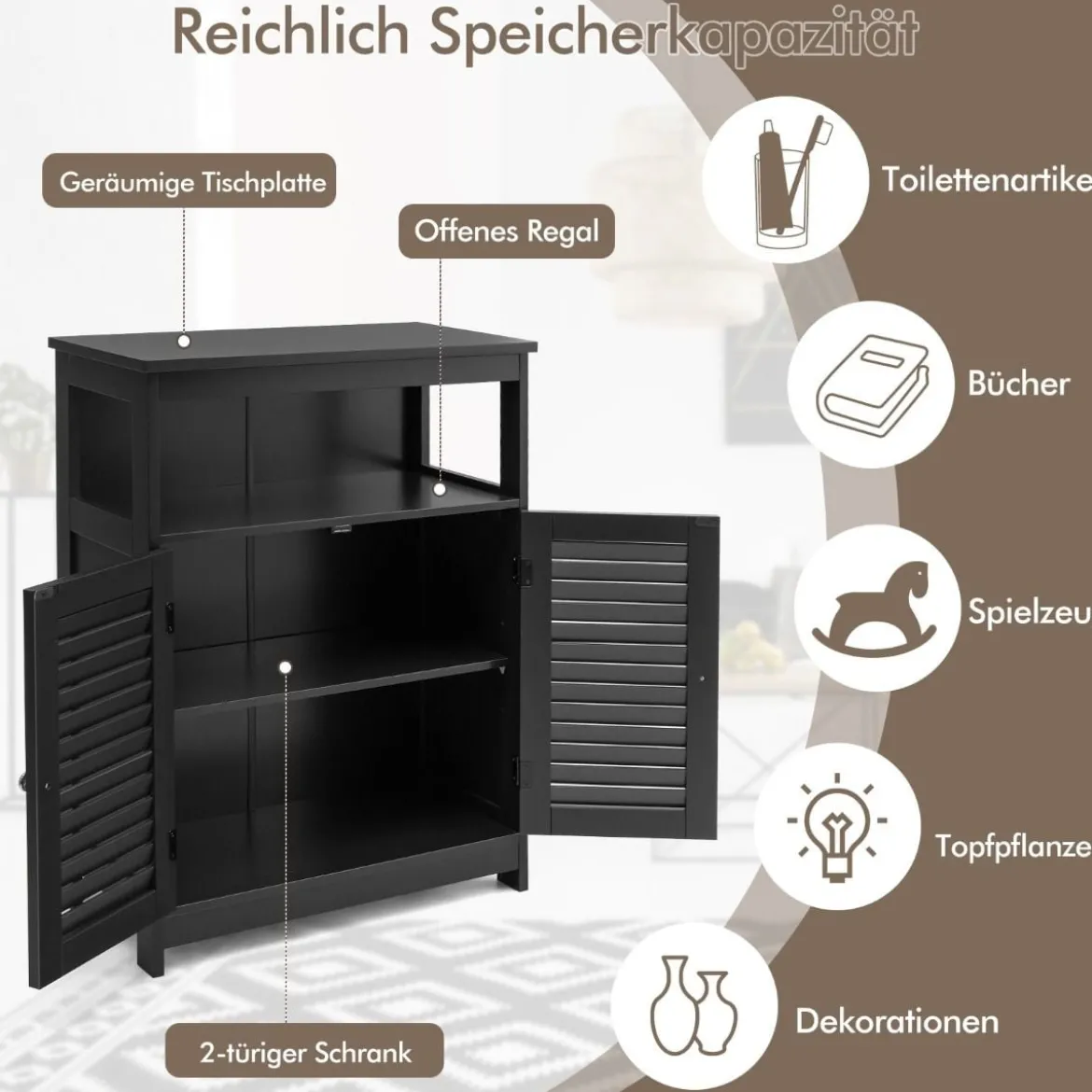 Badezimmer Schrank freistehender Badschrank Aufbewahrungsschrank Grau/Schwarz/Weiß