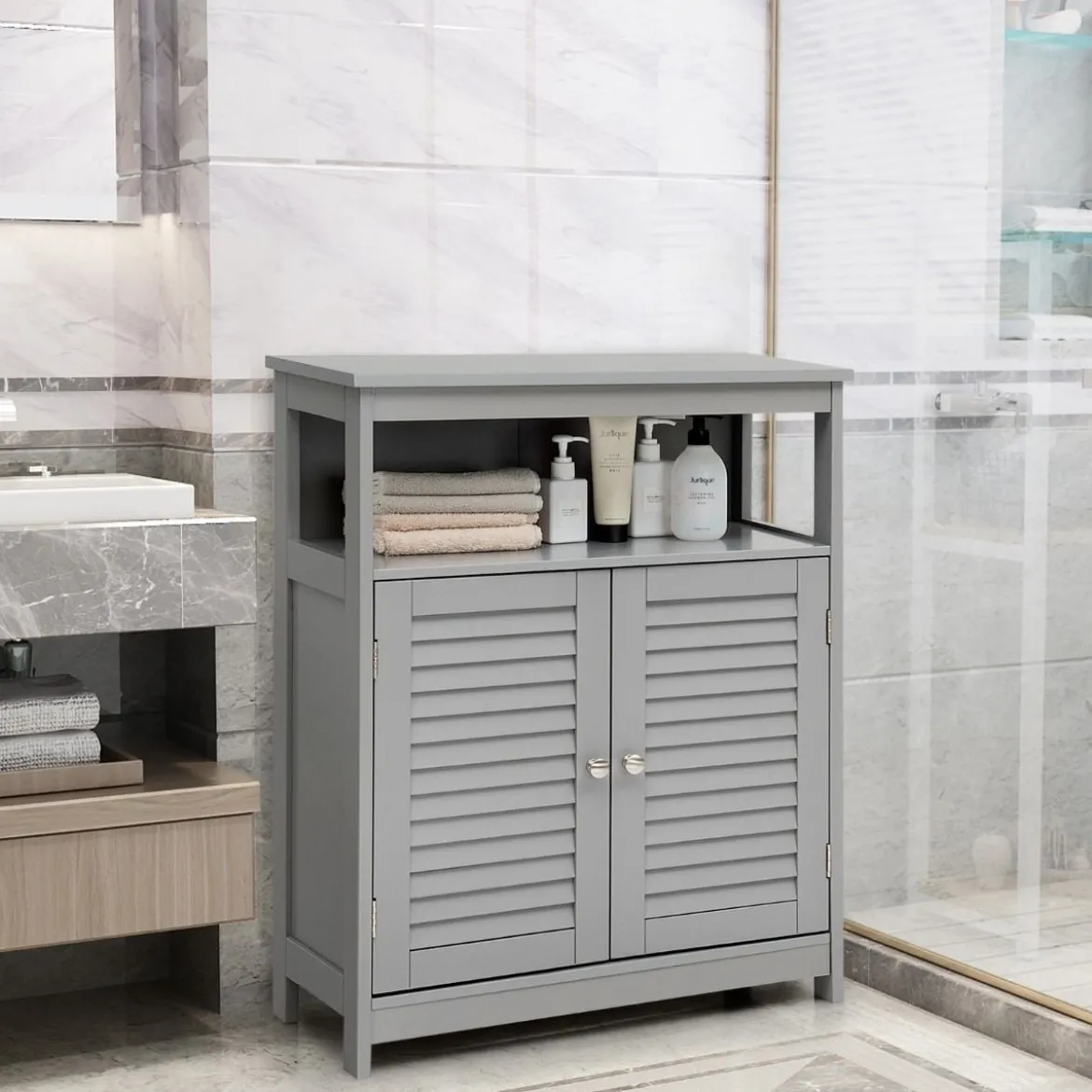 Badezimmer Schrank freistehender Badschrank Aufbewahrungsschrank Grau/Schwarz/Weiß