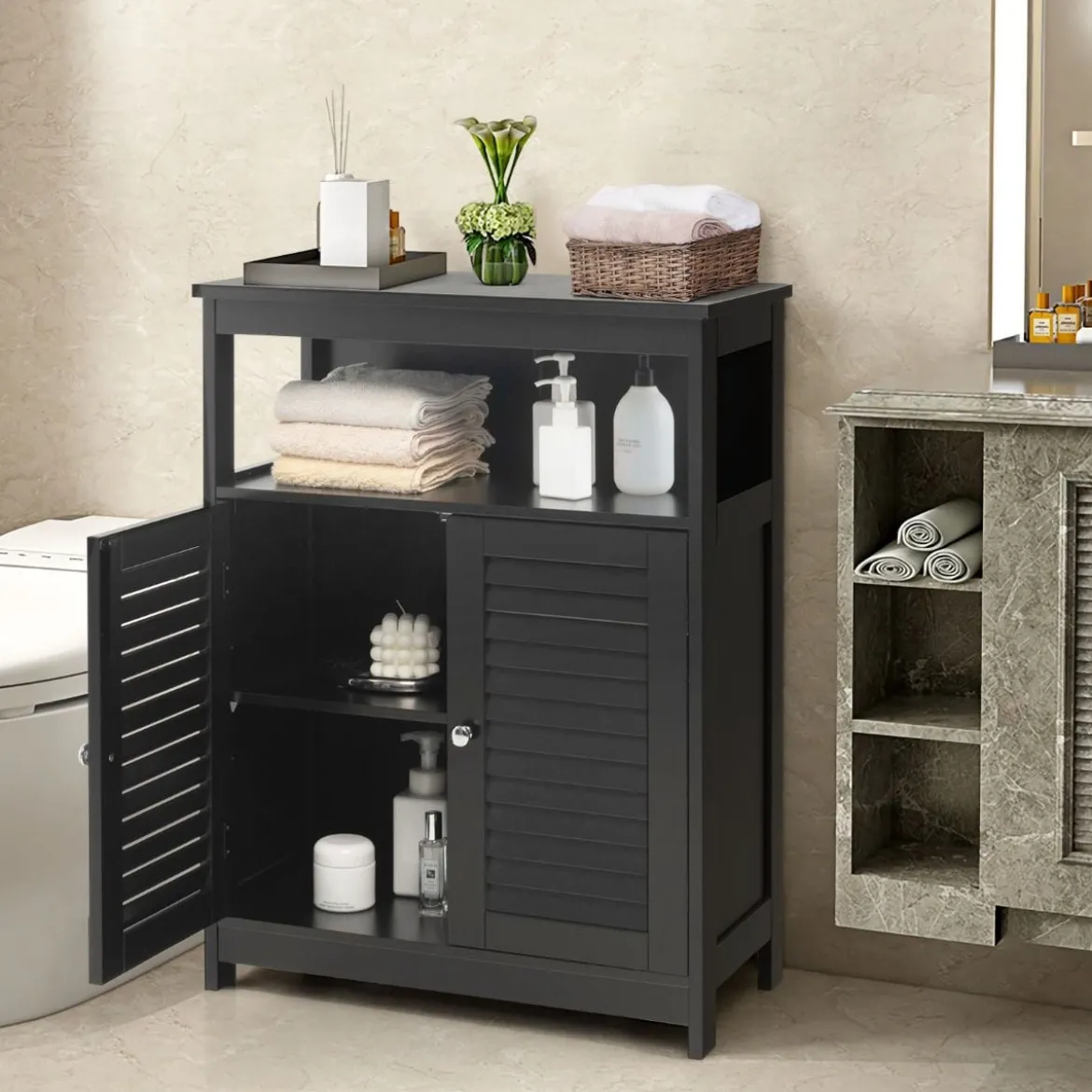 Badezimmer Schrank freistehender Badschrank Aufbewahrungsschrank Grau/Schwarz/Weiß