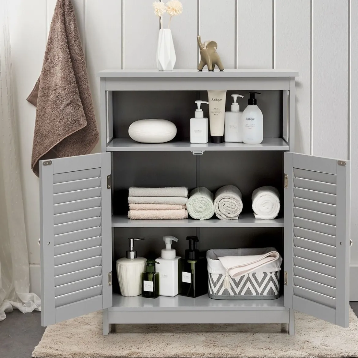Badezimmer Schrank freistehender Badschrank Aufbewahrungsschrank Grau/Schwarz/Weiß