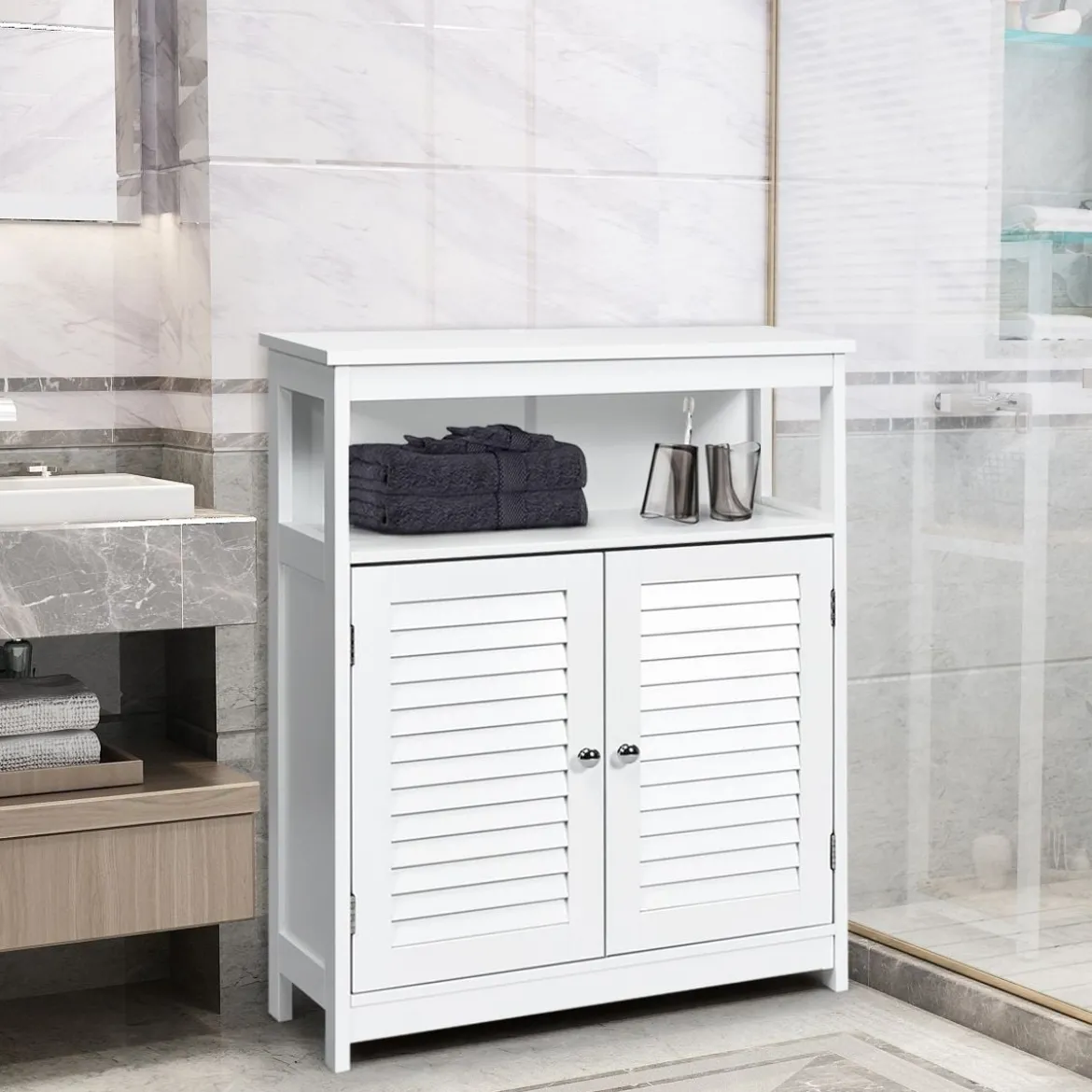 Badezimmer Schrank freistehender Badschrank Aufbewahrungsschrank Grau/Schwarz/Weiß