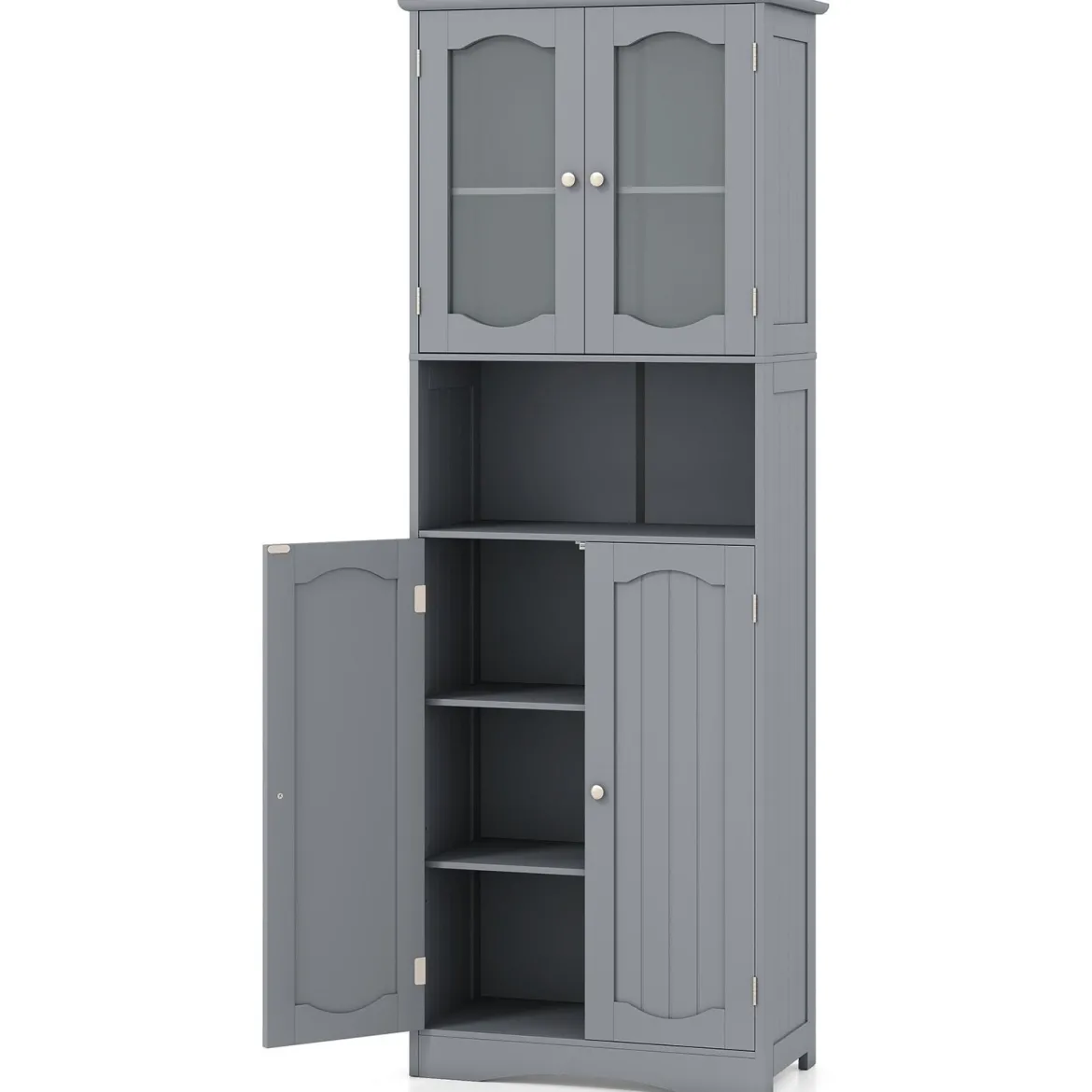 Badezimmerschrank freistehender Hochschrank mit 4 Türen & Verstellbarem Einlegeboden Badschrank mit Kippschutz Grau 164 cm