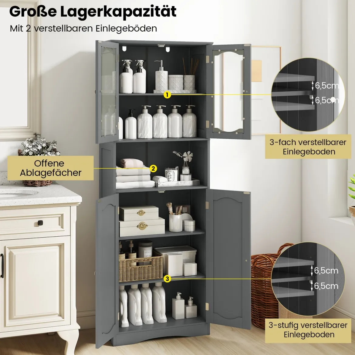 Badezimmerschrank freistehender Hochschrank mit 4 Türen & Verstellbarem Einlegeboden Badschrank mit Kippschutz Grau 164 cm