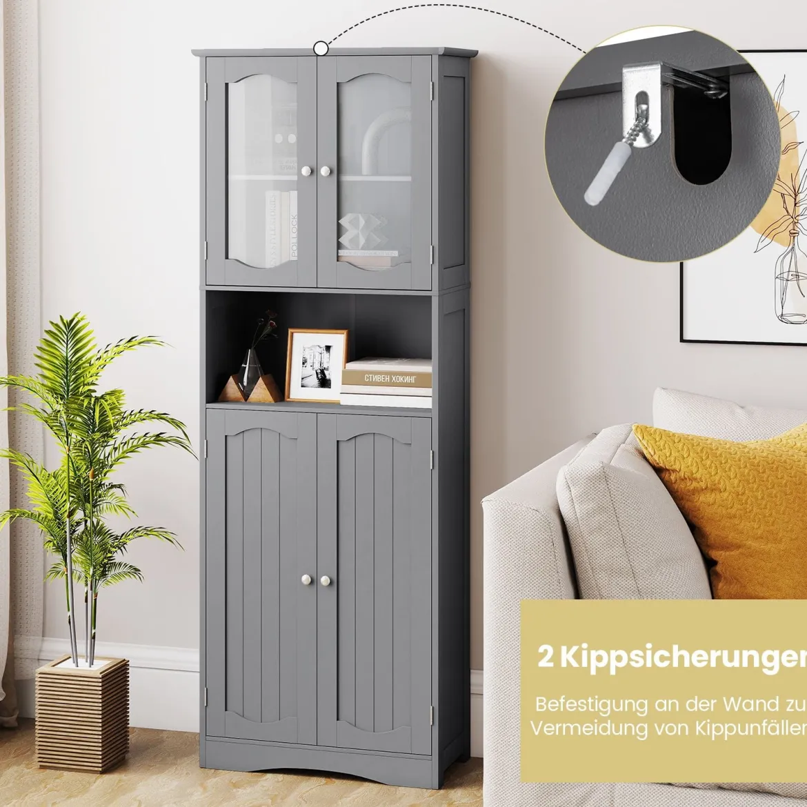 Badezimmerschrank freistehender Hochschrank mit 4 Türen & Verstellbarem Einlegeboden Badschrank mit Kippschutz Grau 164 cm