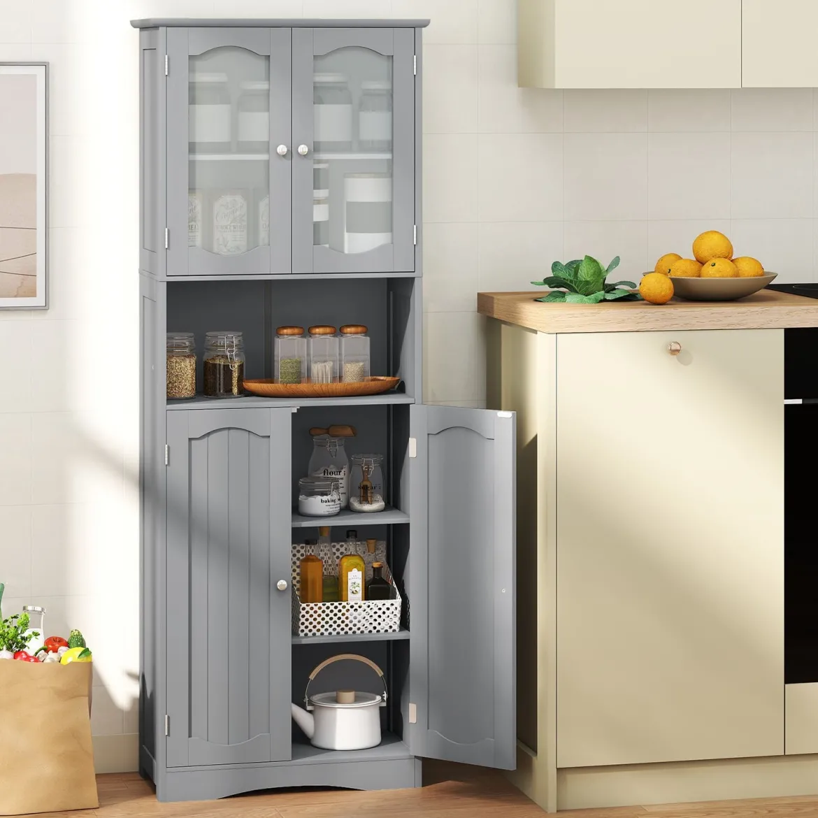 Badezimmerschrank freistehender Hochschrank mit 4 Türen & Verstellbarem Einlegeboden Badschrank mit Kippschutz Grau 164 cm