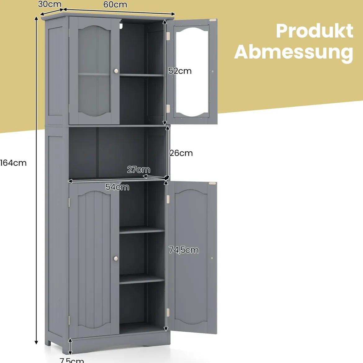 Badezimmerschrank freistehender Hochschrank mit 4 Türen & Verstellbarem Einlegeboden Badschrank mit Kippschutz Grau 164 cm