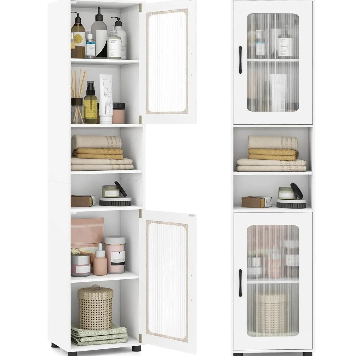 Badezimmerschrank Hochschrank mit 2 Transparenten Glastüren Verstellbaren Regalen 40 x 30 x 170 cm Weiß