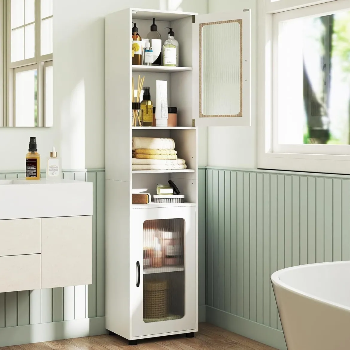 Badezimmerschrank Hochschrank mit 2 Transparenten Glastüren Verstellbaren Regalen 40 x 30 x 170 cm Weiß