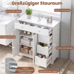 Badezimmerschrank Holz Freistehender Badschrank mit 4 Schubladen und 2 Türen 80 x 30 x 82 cm Weiß