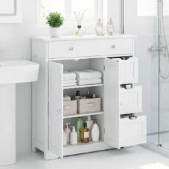 Badezimmerschrank Holz Freistehender Badschrank mit 4 Schubladen und 2 Türen 80 x 30 x 82 cm Weiß