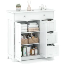 Badezimmerschrank Holz Freistehender Badschrank mit 4 Schubladen und 2 Türen 80 x 30 x 82 cm Weiß