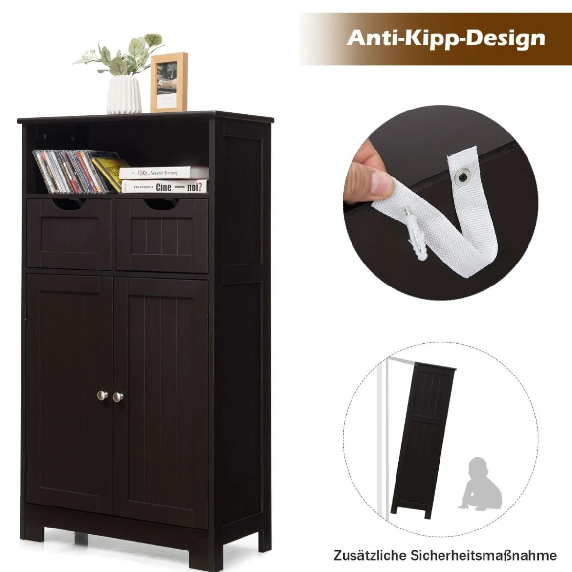 Badezimmerschrank Lagerregal mit einer offenen Ablage 60 x 30 x 109 cm Braun