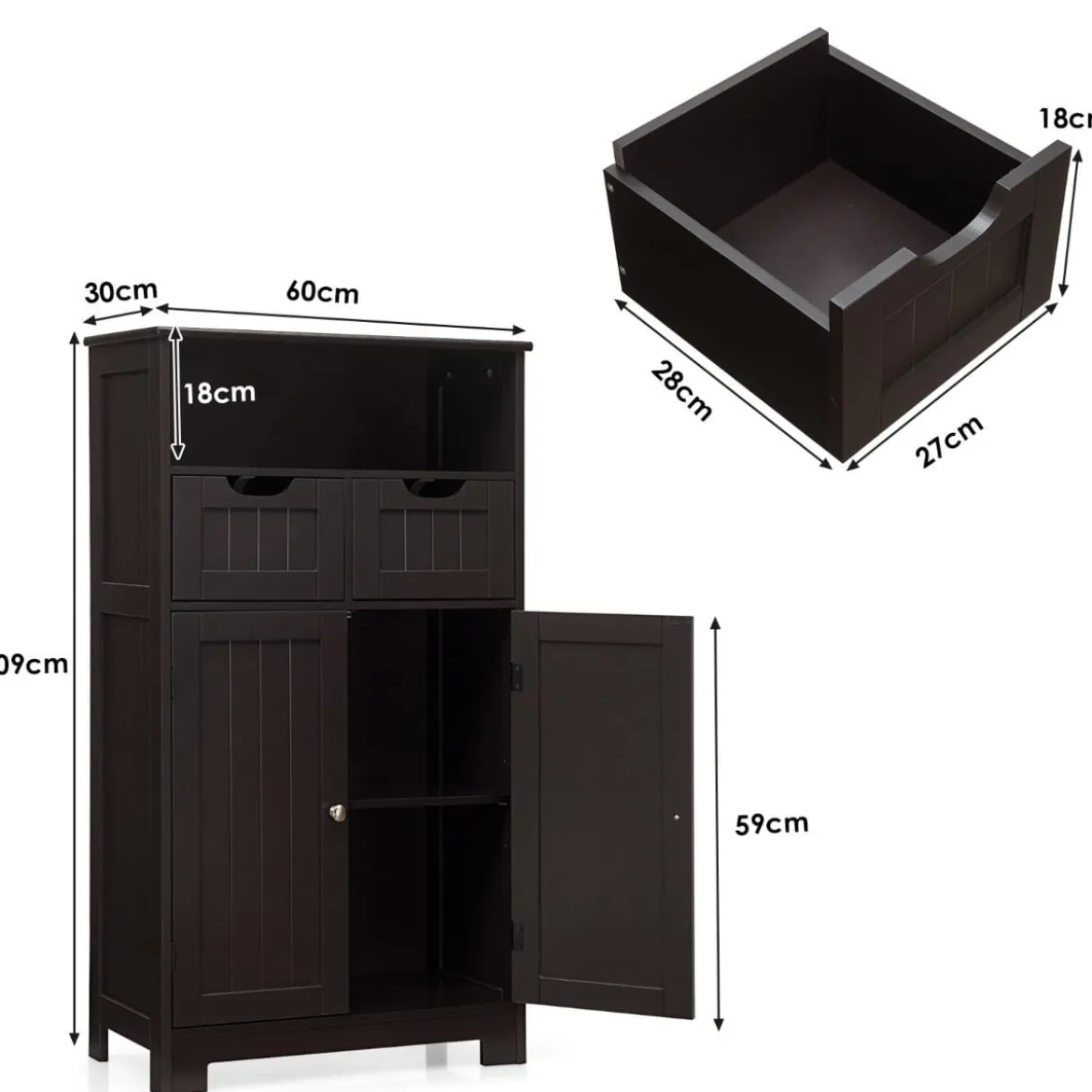 Badezimmerschrank Lagerregal mit einer offenen Ablage 60 x 30 x 109 cm Braun