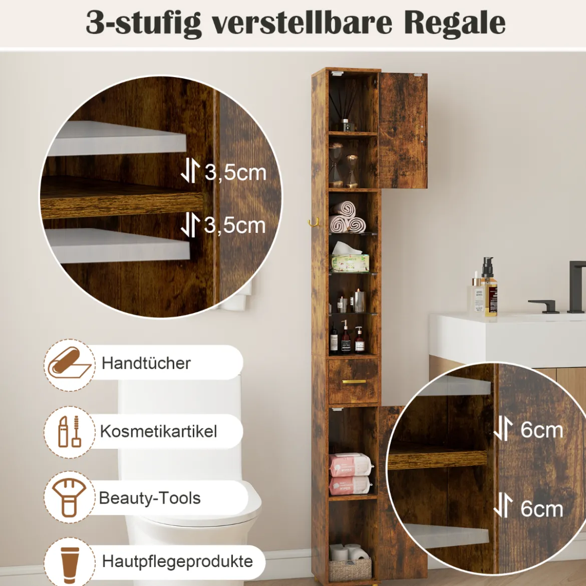 Badezimmerschrank mit Beleuchtung & Schublade & 3 Glasablagen Schmaler Badschrank Vintage