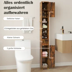 Badezimmerschrank mit Beleuchtung & Schublade & 3 Glasablagen Schmaler Badschrank Vintage