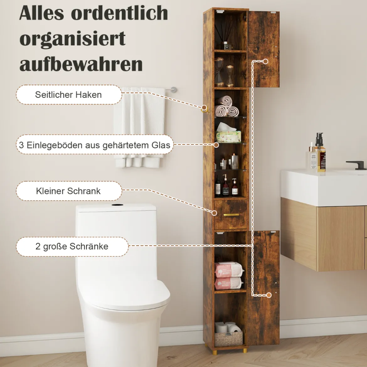 Badezimmerschrank mit Beleuchtung & Schublade & 3 Glasablagen Schmaler Badschrank Vintage