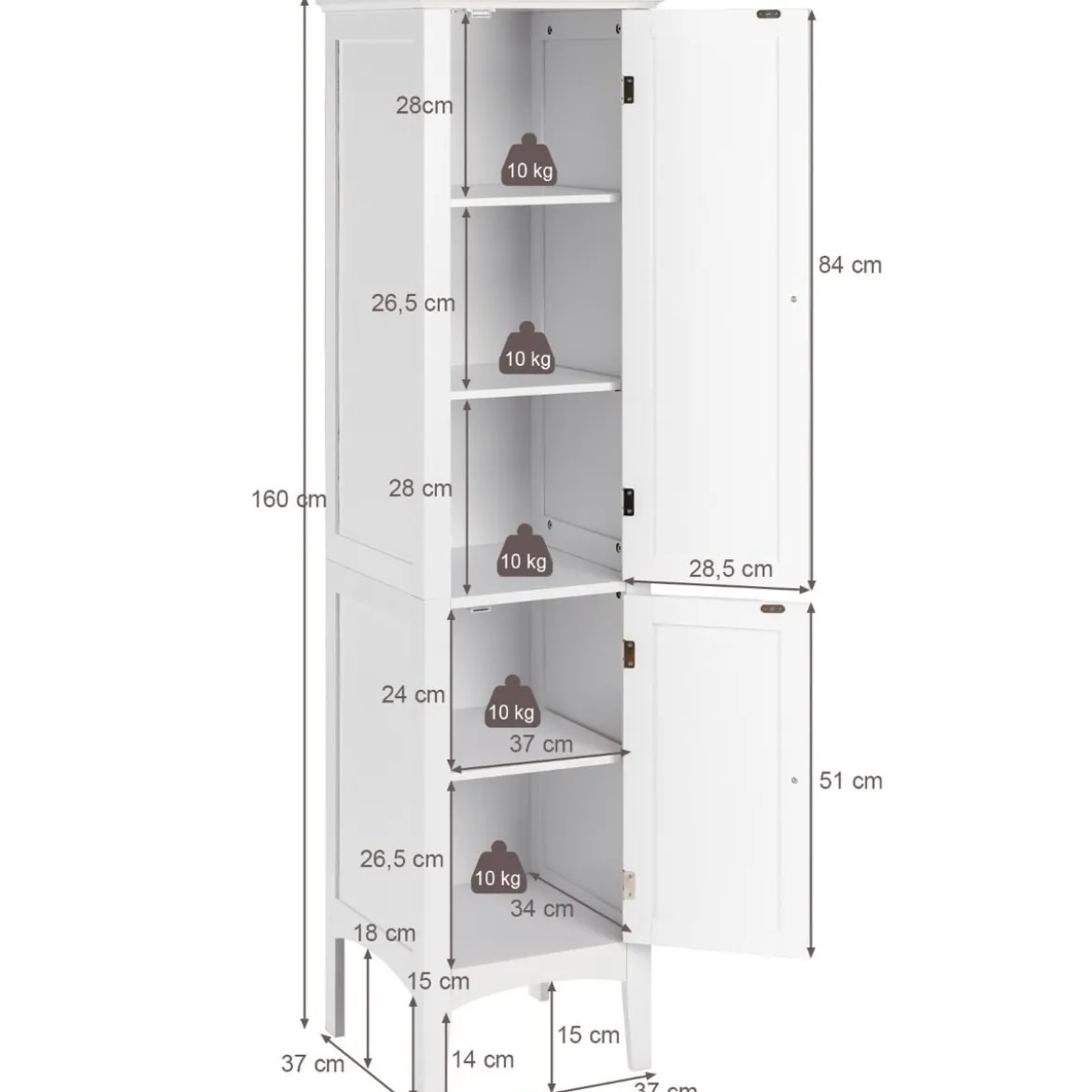 Badezimmerschrank mit 5 Fächern & 2 Lamellentür & Regalen & Kippsicherung Schmaler Hochschrank