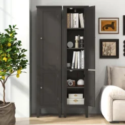 Badezimmerschrank mit 5 Fächern & 2 Lamellentür & Regalen & Kippsicherung Schmaler Hochschrank