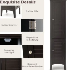 Badezimmerschrank mit 5 Fächern & 2 Lamellentür & Regalen & Kippsicherung Schmaler Hochschrank