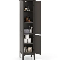 Badezimmerschrank mit 5 Fächern & 2 Lamellentür & Regalen & Kippsicherung Schmaler Hochschrank