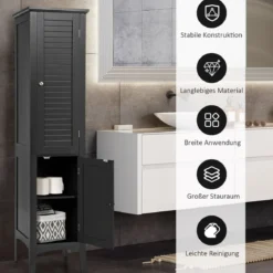 Badezimmerschrank mit 5 Fächern & 2 Lamellentür & Regalen & Kippsicherung Schmaler Hochschrank