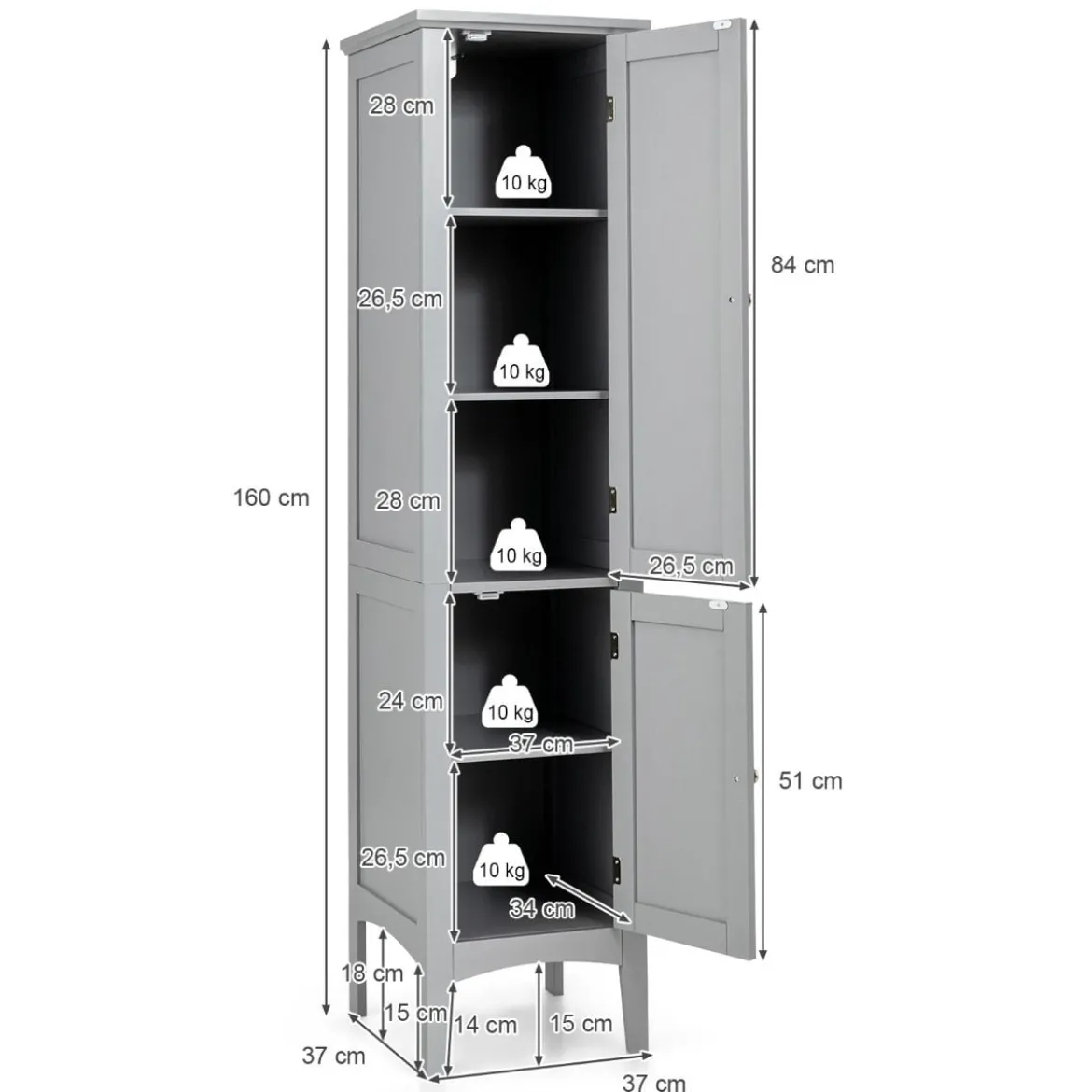 Badezimmerschrank mit 5 Fächern & 2 Lamellentür & Regalen & Kippsicherung Schmaler Hochschrank