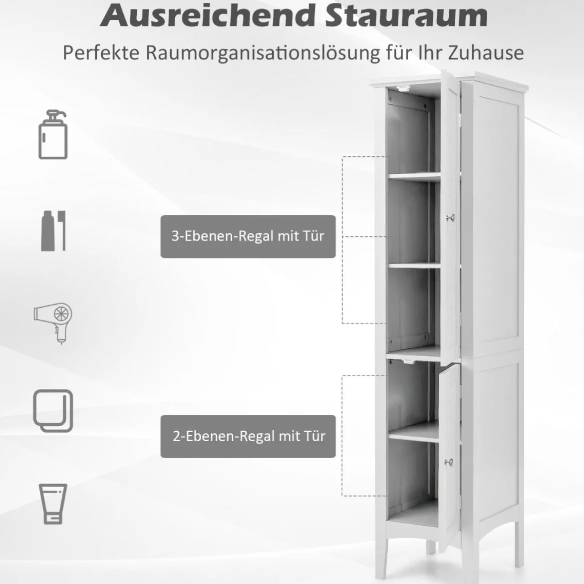 Badezimmerschrank mit 5 Fächern & 2 Lamellentür & Regalen & Kippsicherung Schmaler Hochschrank