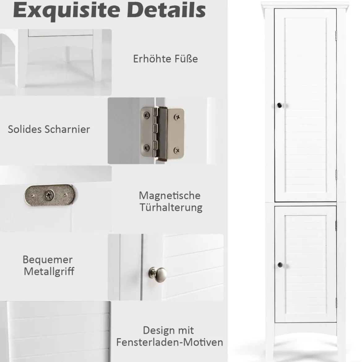 Badezimmerschrank mit 5 Fächern & 2 Lamellentür & Regalen & Kippsicherung Schmaler Hochschrank