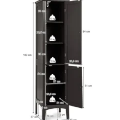 Badezimmerschrank mit 5 Fächern & 2 Lamellentür & Regalen & Kippsicherung Schmaler Hochschrank