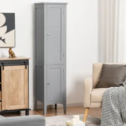 Badezimmerschrank mit 5 Fächern & 2 Lamellentür & Regalen & Kippsicherung Schmaler Hochschrank