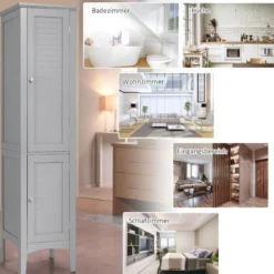 Badezimmerschrank mit 5 Fächern & 2 Lamellentür & Regalen & Kippsicherung Schmaler Hochschrank