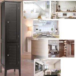 Badezimmerschrank mit 5 Fächern & 2 Lamellentür & Regalen & Kippsicherung Schmaler Hochschrank
