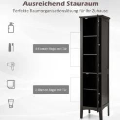 Badezimmerschrank mit 5 Fächern & 2 Lamellentür & Regalen & Kippsicherung Schmaler Hochschrank