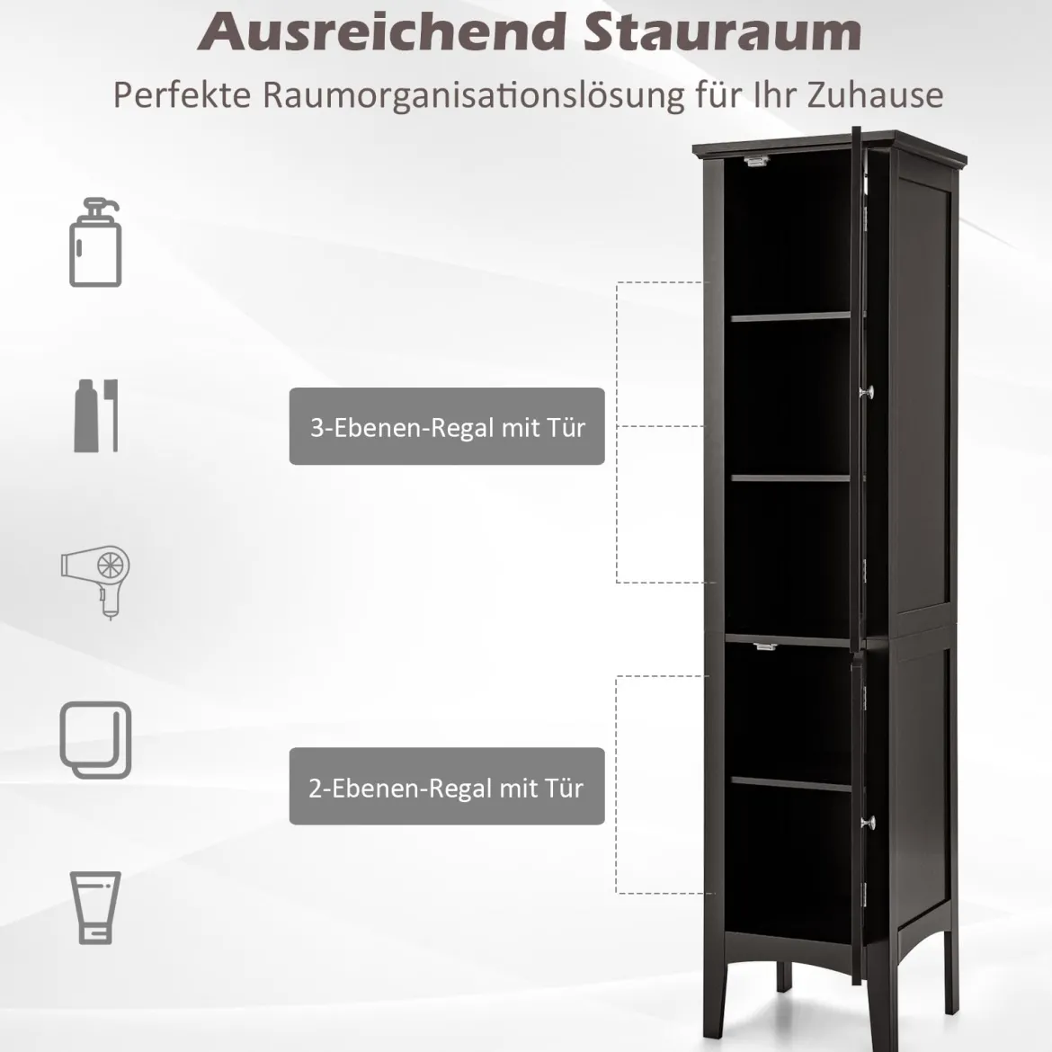 Badezimmerschrank mit 5 Fächern & 2 Lamellentür & Regalen & Kippsicherung Schmaler Hochschrank