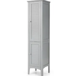 Badezimmerschrank mit 5 Fächern & 2 Lamellentür & Regalen & Kippsicherung Schmaler Hochschrank