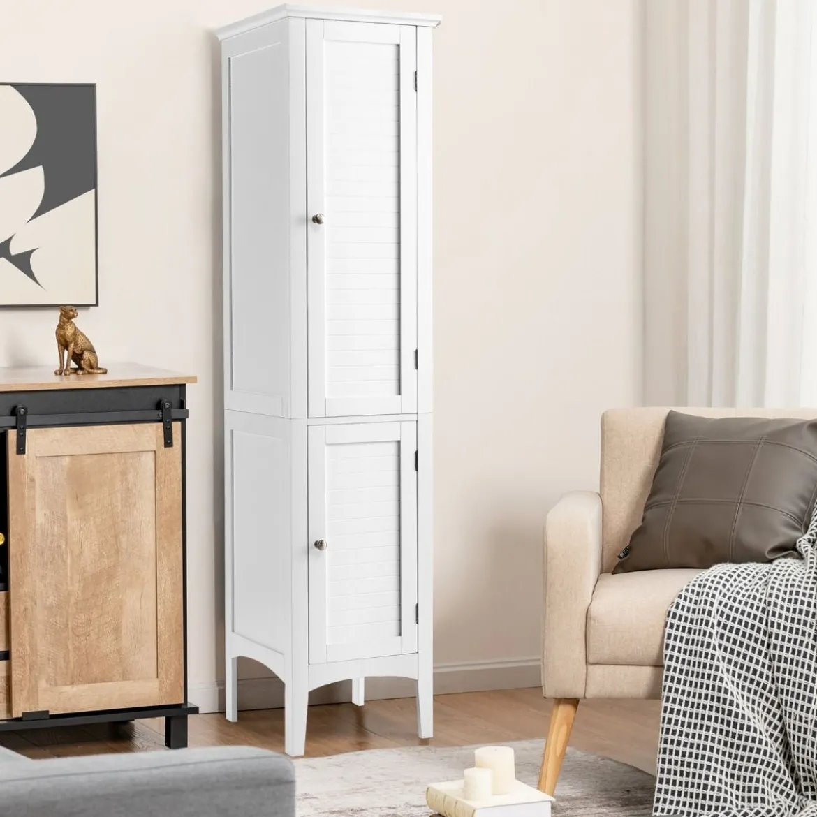 Badezimmerschrank mit 5 Fächern & 2 Lamellentür & Regalen & Kippsicherung Schmaler Hochschrank