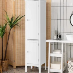 Badezimmerschrank mit 5 Fächern & 2 Lamellentür & Regalen & Kippsicherung Schmaler Hochschrank