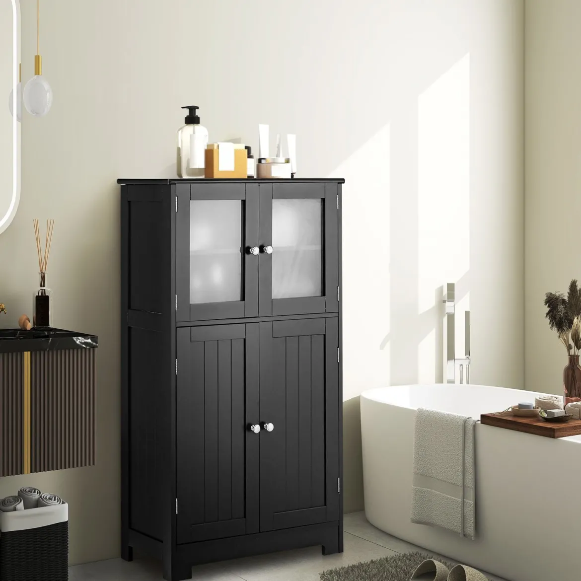 Badezimmerschrank mit Glastüren & verstellbarem Regal Badschrank Hochschrank Holz Schwarz