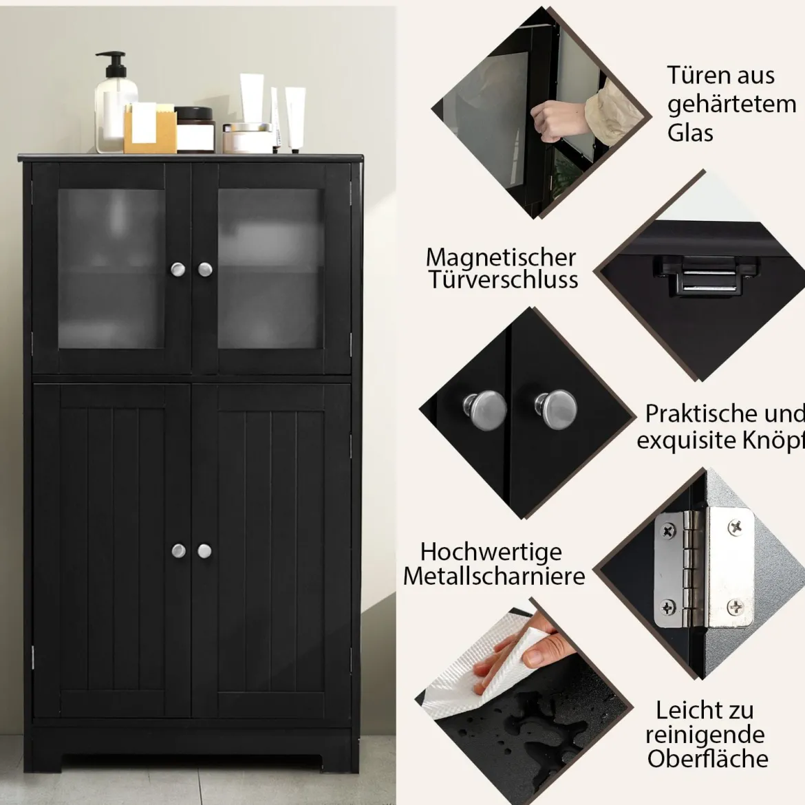 Badezimmerschrank mit Glastüren & verstellbarem Regal Badschrank Hochschrank Holz Schwarz