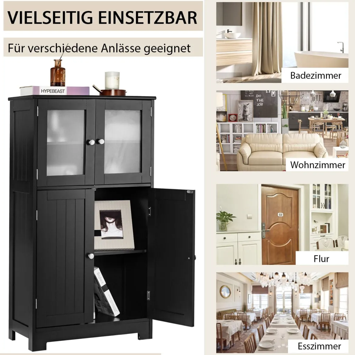 Badezimmerschrank mit Glastüren & verstellbarem Regal Badschrank Hochschrank Holz Schwarz