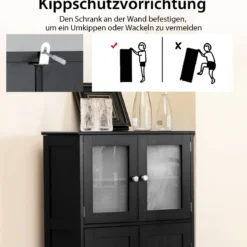 Badezimmerschrank mit Glastüren & verstellbarem Regal Badschrank Hochschrank Holz Schwarz