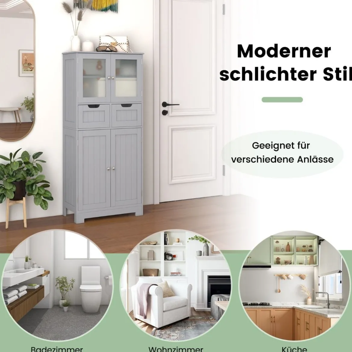 Badezimmerschrank mit 2 Glastüren 2 Schubladen und verstellbaren Regalen Grau