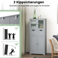 Badezimmerschrank mit 2 Glastüren 2 Schubladen und verstellbaren Regalen Grau