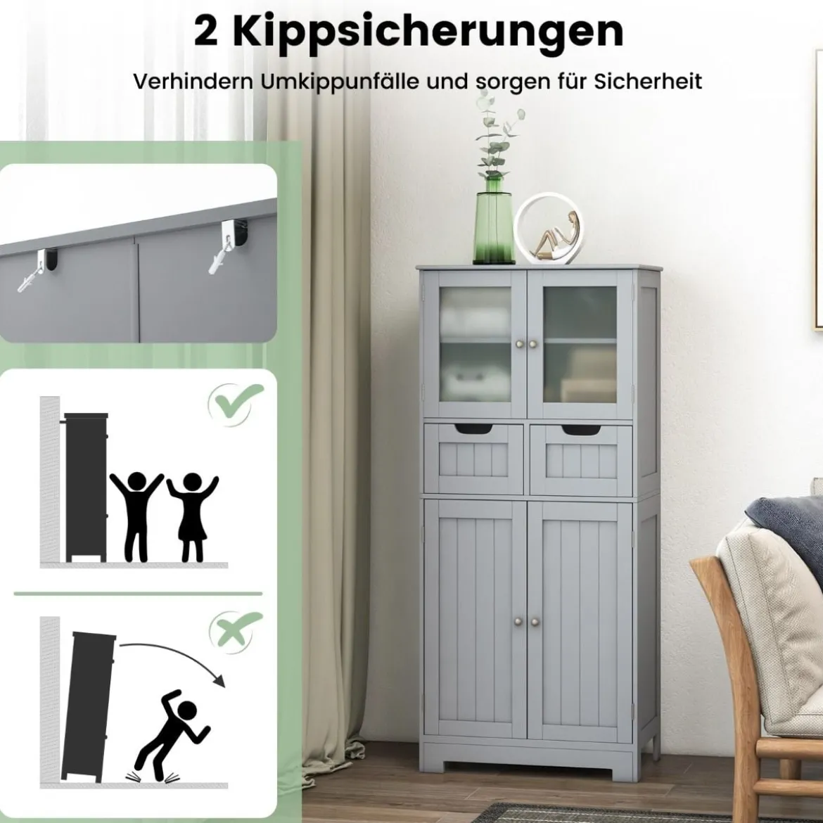 Badezimmerschrank mit 2 Glastüren 2 Schubladen und verstellbaren Regalen Grau