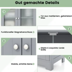 Badezimmerschrank mit 2 Glastüren 2 Schubladen und verstellbaren Regalen Grau