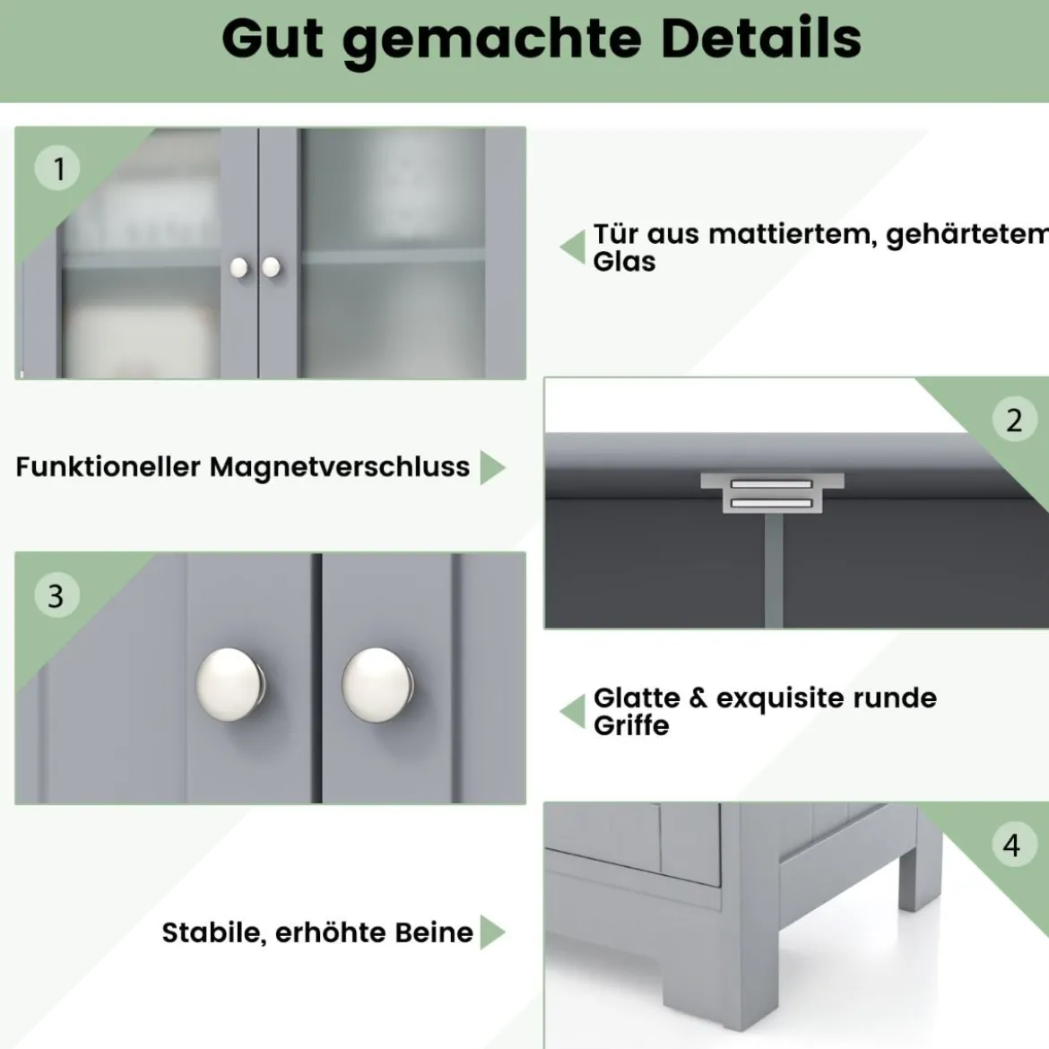 Badezimmerschrank mit 2 Glastüren 2 Schubladen und verstellbaren Regalen Grau