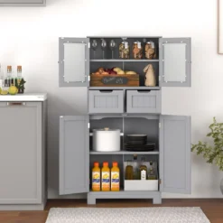 Badezimmerschrank mit 2 Glastüren 2 Schubladen und verstellbaren Regalen Grau